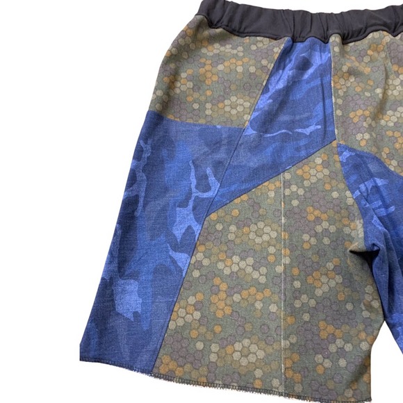 1 of 1 Custom Denim Shorts, Honeycomb print, Blue Camo shorts elastic waistband - Picture 5 of 7